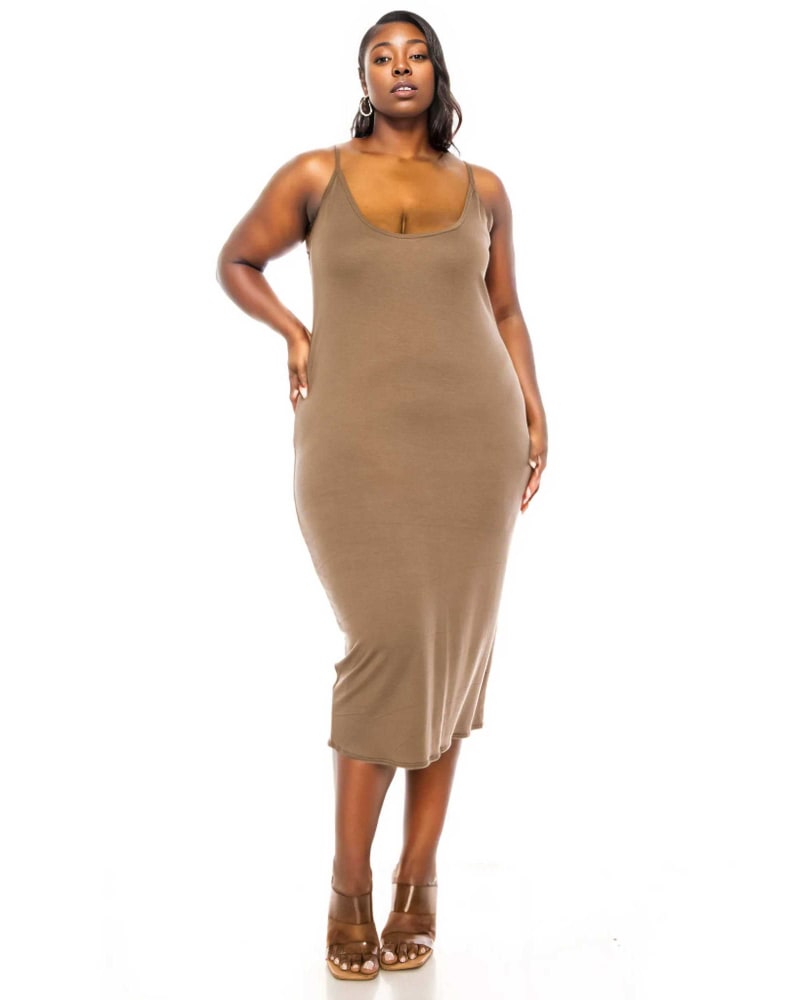 Front of a model wearing a size 3X Jennie Spaghetti Strap Midi Dress in Mocha by L I V D. | dia_product_style_image_id:363642